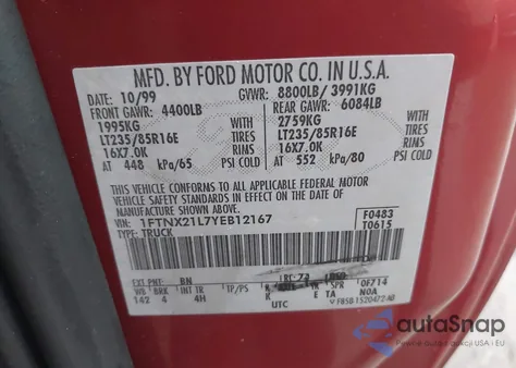 2000 Ford F-250 Lariat/Xl/Xlt from USA, damaged, VIN 1FTNX21L7YEB12167